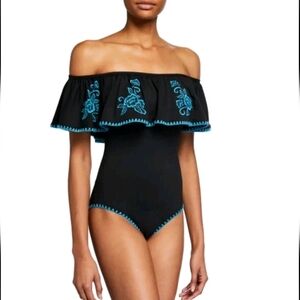 Johnny Was Dreamer Floral Embroidered Flounce Off-The-Shoulder Swimsuit M EUC